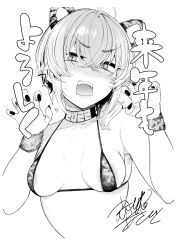Rule 34 | 1girl, absurdres, ahoge, akagi asahito, animal ears, blush, breasts, breasts apart, chinese zodiac, choker, claw pose, crossed bangs, fangs, fuha mika, greyscale, hair between eyes, hands up, happy new year, highres, looking at viewer, monochrome, new year, original, short hair, signature, small breasts, solo, string bra, sweatdrop, teeth, tiger ears, upper body, upper teeth only, v-shaped eyebrows, wrist cuffs, year of the tiger