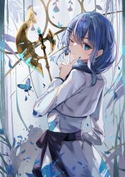 Rule 34 | 1girl, blood, blue blood, blue eyes, blue hair, blue nails, bug, butterfly, dress, hair ornament, hairclip, halberd, highres, hololive, hoshimachi suisei, hoshimachi suisei (maid), insect, long hair, looking at viewer, looking back, miakiuehashi, nail polish, official alternate costume, one eye closed, polearm, sash, solo, v, v over mouth, virtual youtuber, weapon