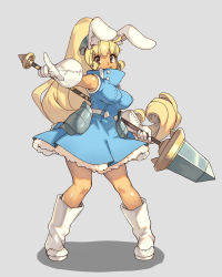 Rule 34 | 1girl, :d, animal ears, ankle boots, armor, blonde hair, blue dress, boots, breasts, brown eyes, commentary, dress, english commentary, faulds, full body, gloves, grey background, holding, holding polearm, holding weapon, large breasts, long hair, looking at viewer, open mouth, original, pointing, pointing at viewer, polearm, ponytail, rabbit ears, rabbit girl, simple background, smile, solo, spear, standing, vins-mousseux, weapon, white footwear, white gloves