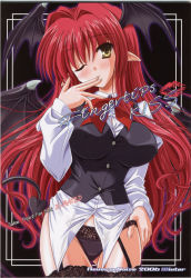 Rule 34 | 1girl, bat wings, black panties, black thighhighs, blush, breasts, cover, covered erect nipples, demon girl, devil ears, embodiment of scarlet devil, female focus, garter belt, head wings, highres, impossible clothes, impossible shirt, koakuma, lace, lace-trimmed legwear, lace panties, lace trim, large breasts, long hair, non-web source, one eye closed, panties, pointy ears, red hair, see-through, shirt, solo, thigh gap, thighhighs, thighs, touhou, underwear, very long hair, wings, wink, yamu (reverse noise), yellow eyes