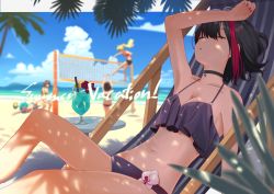 Rule 34 | 10s, 5girls, arm up, armpits, ball, bang dream!, bare arms, bare shoulders, beach, beach volleyball, bikini, black bikini, black choker, black hair, blonde hair, blue hair, blue hawaii, blue sky, blurry, blurry background, breasts, brown hair, choker, cleavage, closed eyes, cloud, cloudy sky, collarbone, commentary request, contrail, cup, day, deck chair, depth of field, drink, drinking glass, drinking straw, flower, halterneck, hand on own head, horizon, hurricane glass, knee up, medium breasts, midair, mitake ran, multicolored hair, multiple girls, nail polish, navel, ocean, outdoors, palm tree, parted lips, plant, playing sports, poligon (046), reclining, red hair, red nails, short hair, sidelocks, sky, sleeping, solo focus, star (symbol), stomach, streaked hair, swimsuit, table, tree, tree shade, tropical drink, volleyball, volleyball (object), volleyball net, water, white flower