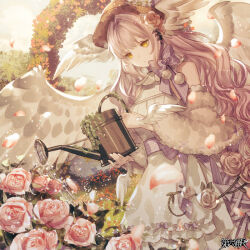 1girl arch bow breasts brown_hat copyright_name dairoku_ryouhei day detached_sleeves dress floral_arch flower hair_flower hair_ornament hand_wings hat head_wings holding holding_watering_can iris_petal kokuzu long_hair looking_at_viewer outdoors petals small_breasts solo watering watering_can white_wings wings yellow_eyes