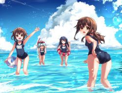 Rule 34 | 4girls, akatsuki (kancolle), alternate costume, alternate hairstyle, ass, ball, beachball, blue hair, blue one-piece swimsuit, blue sky, brown eyes, brown hair, cloud, day, diving mask, diving mask on head, goggles, goggles on head, hair between eyes, hibiki (kancolle), ikazuchi (kancolle), inazuma (kancolle), kantai collection, light blue hair, long hair, low ponytail, messy hair, multiple girls, nukoyarou, one-piece swimsuit, one eye closed, outdoors, purple eyes, school swimsuit, short hair, sky, smile, standing, swimsuit, wading, waving