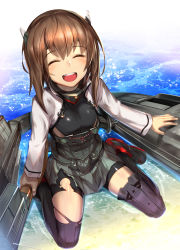 Rule 34 | 10s, 1girl, ^ ^, absurdres, anchor, bike shorts, blush, boots, bow (weapon), breasts, brown hair, closed eyes, crossbow, donarudo, grey skirt, headband, highres, holding, holding weapon, kantai collection, kneeling, long sleeves, looking at viewer, machinery, ocean, on water, open mouth, short hair, sitting, skirt, small breasts, solo, taihou (kancolle), teeth, thigh boots, thighhighs, torn clothes, torn skirt, wariza, weapon