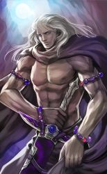 Rule 34 | 1990s (style), 1boy, abs, absurdres, bracelet, cape, final fantasy, final fantasy iv, final fantasy iv: the after years, full moon, golbez, highres, jewelry, lips, long hair, male focus, moon, moreshan, nipples, purple eyes, retro artstyle, solo, sword, topless male, weapon, white hair
