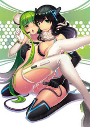Rule 34 | 2girls, bare shoulders, black gloves, black hair, black legwear, blush, boots, bra, bra lift, grabbing another&#039;s breast, breast press, breasts, cable, cleavage, clothes lift, controller, elbow gloves, female focus, fiodo, flat chest, game console, game controller, gloves, grabbing, green eyes, green hair, hair ornament, high heels, kneeling, large breasts, legs, long hair, long legs, looking at viewer, microsoft, multiple girls, navel, nipple slip, nipples, one eye closed, open mouth, original, panties, panty pull, personification, playstation 3, product girl, pussy, pussy juice, pussy juice trail, saliva, shirt lift, sony, spread legs, thigh boots, thighhighs, thighs, underwear, white gloves, white legwear, wink, xbox, yuri