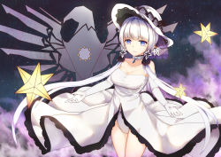 Rule 34 | 1girl, azur lane, blue eyes, breasts, choker, cleavage, cloud, dress, elbow gloves, gem, gloves, hair ornament, hat, illustrious (azur lane), iwry, large breasts, leotard, long hair, looking at viewer, low twintails, mole, mole under eye, outstretched arms, sky, solo, star (sky), star (symbol), starry sky, strapless, strapless dress, twintails, very long hair, white gloves, white hair, white leotard