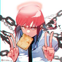 Rule 34 | 1girl, black necktie, braid, braided ponytail, bread slice, chain, chainsaw man, collared shirt, double v, food, food in mouth, looking to the side, makima (chainsaw man), medium hair, mouth hold, necktie, red hair, ringed eyes, shirt, sidelocks, simple background, solo, toast, toast in mouth, upper body, v, vivsss-g, white background, white shirt, yellow eyes