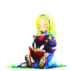 1girl animal_ears black_fur blonde_hair book closed_eyes furry grass long_hair maria_robotnik niji_(kasiyaman) open_book reading shadow_the_hedgehog sonic_(series) two-tone_fur white_background