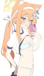 Rule 34 | 1girl, animal ear fluff, animal ears, aqua eyes, blue archive, blush, bra, breasts, cellphone, cleavage, clothes lift, cowboy shot, flower, from side, hair flower, hair ornament, hand up, highres, holding, holding phone, long hair, looking at viewer, looking to the side, low twintails, mari (blue archive), mari (track) (blue archive), navel, open mouth, orange hair, phone, shirt, shirt lift, short sleeves, simple background, small breasts, solo, supershiruco, twintails, underwear, white background, white bra, white shirt