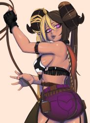 Rule 34 | 1girl, ahoge, aife (zana), animal print, armband, ass, bandeau, bandolier, belt, black gloves, black horns, blonde hair, borrowed character, breasts, brown hair, bullet, canister, canteen, chaps, commentary, cow print, cowboy, cowboy western, dark-skinned female, dark skin, english commentary, fingerless gloves, gloves, gyaru, hair between eyes, highres, horns, kevbot, lasso, lips, long hair, looking back, multicolored hair, multiple belts, nose, original, pink eyes, purple shorts, short shorts, shorts, sideboob, solo, twintails, two-tone hair, underboob, very long hair, western