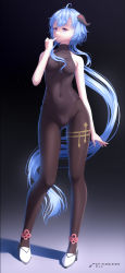 Rule 34 | 1girl, absurdres, ahoge, bare arms, black leotard, black pantyhose, blue hair, bodystocking, bodysuit, breasts, covered navel, full body, ganyu (genshin impact), genshin impact, groin, high heels, highres, leotard, leotard under clothes, long hair, looking at viewer, low ponytail, medium breasts, no gloves, pantyhose, parted lips, purple eyes, sidelocks, skin tight, sleeveless, smile, solo, standing, thighlet, thighs, very long hair, zet (globalgears)