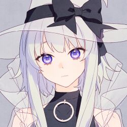 Rule 34 | 1girl, aluce, black bow, black shirt, blue eyes, bow, closed mouth, expressionless, grey background, grey hair, hair between eyes, looking at viewer, original, shirt, sidelocks, simple background, solo, transparent headwear, upper body