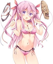 Rule 34 | 1girl, :o, alternate hairstyle, arm up, bare arms, bare shoulders, bikini, breasts, bright pupils, cleavage, collarbone, cowboy shot, fox mask, gluteal fold, hair between eyes, hair ribbon, hata no kokoro, highres, jewelry, long hair, looking at viewer, mask, maturiuta sorato, medium breasts, navel, necklace, open mouth, pink eyes, pink hair, plaid, plaid bikini, red ribbon, ribbon, side-tie bikini bottom, simple background, solo, standing, stomach, swimsuit, tan, tanline, touhou, twintails, two side up, white background, wrist cuffs