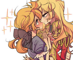 Rule 34 | 2girls, blonde hair, blue eyes, blush, bow, face-to-face, hair bow, hand up, holding hands, jacket, long hair, long sleeves, looking at another, low twintails, meremero, multiple girls, nose blush, oscar francois de jarjayes, profile, puffy short sleeves, puffy sleeves, red jacket, rosalie lamorliere, short sleeves, smile, sparkle, twintails, upper body, versailles no bara, white background, yuri