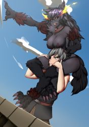 Rule 34 | 1boy, 1girl, animal ears, animal hands, bandana, black hair, black sclera, black skin, breast rest, breasts, breasts on head, carrying, claws, colored sclera, colored skin, dark skin, dog ears, dog tail, elakan, excited, fur, happy, hellhound (monster girl encyclopedia), highres, large breasts, long hair, monster girl, monster girl encyclopedia, monster girl encyclopedia ii, open mouth, piggyback, pointing, pointing forward, pointing up, red eyes, shirt, shoulder carry, sleeveless, sleeveless shirt, smile, tail, wolf ears, wolf girl, wolf tail