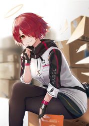 Rule 34 | 1girl, absurdres, arknights, black gloves, black pantyhose, box, brown eyes, cardboard box, commentary, crossed legs, ema (kuguiema), exusiai (arknights), feet out of frame, fingerless gloves, gloves, hair over one eye, halo, hand up, highres, holding, id card, jacket, long sleeves, looking at viewer, pantyhose, raglan sleeves, red hair, short hair, sitting, smile, solo, thighs, white jacket