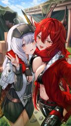 Rule 34 | 2girls, absurdres, belt, blush, breasts, camp, cleavage, cloud, commentary request, goddess of victory: nikke, hair between eyes, hair ornament, highres, hug, large breasts, long hair, looking at viewer, military, multiple girls, navel, open mouth, red eyes, red hair, red hood (nikke), shorts, sky, snow white (innocent days) (nikke), snow white (nikke), v, xia 0328, yellow eyes