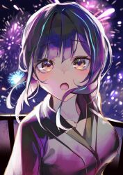 Rule 34 | 1girl, absurdres, blue hair, blush, breasts, cocoballking, dark blue hair, fireworks, gradient hair, highres, japanese clothes, kimono, large breasts, lilpa, long hair, looking at viewer, multicolored hair, open mouth, orange eyes, pov, purple hair, purple kimono, railing, solo, streaked hair, virtual youtuber, waktaverse, wind