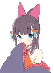 Rule 34 | 1girl, bad id, bad pixiv id, bell, black hair, blue eyes, bow, chinese clothes, covering own mouth, dudou, hair bell, hair bow, hair ornament, japanese clothes, kimono, long hair, original, ponytail, sakiyo cake, sidelocks, sleeves past wrists, solo, tassel, upper body