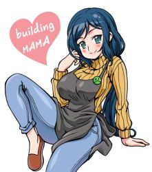 Rule 34 | 10s, 1girl, apron, badge, blue eyes, blue hair, blush, breasts, button badge, capri pants, denim, flats, gundam, gundam build fighters, heart, iori rinko, jeans, large breasts, long hair, looking at viewer, lovechui, matching hair/eyes, mature female, no socks, pants, ribbed sweater, shoes, simple background, sitting, smile, solo, sweater, turtleneck, white background