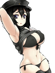 Rule 34 | 10s, 1girl, akitsu maru (kancolle), amau (kosmos), armpits, bikini, black bikini, black eyes, black hair, breasts, cleavage, clothes lift, covered erect nipples, curvy, female focus, gloves, groin, hat, kantai collection, large breasts, looking at viewer, navel, open mouth, shirt lift, short hair, solo, swimsuit, thighhighs, wide hips
