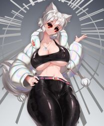 Rule 34 | 1girl, absurdres, animal ears, belt, black bra, black pants, bra, breasts, cowboy shot, dog tags, down jacket, gradient background, hand on own hip, hand up, highres, huge breasts, inubashiri momiji, jacket, looking at viewer, midriff, navel, pants, pom pom (clothes), red eyes, short hair, silver hair, smile, solo, sports bra, standing, sunglasses, tail, thighs, tochinoko, touhou, underwear, wolf ears, wolf tail