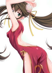 Rule 34 | 10s, 1girl, :d, alternate costume, arched back, armpits, arms up, ass, back, back cutout, backless outfit, bad id, bad pixiv id, bare back, black hair, blush, body blush, breasts, brown hair, bun cover, china dress, chinese clothes, clothing cutout, covered erect nipples, cowboy shot, double bun, dress, fang, female focus, fingernails, flipped hair, floating hair, from side, green eyes, hair bun, hair ribbon, halterneck, highres, huang lingyin, impossible clothes, impossible dress, infinite stratos, long fingernails, long hair, looking at viewer, mikanmelon, open mouth, red dress, ribbon, side slit, sidelocks, simple background, sleeveless, sleeveless dress, small breasts, smile, solo, standing, turtleneck, twintails, very long hair, white background