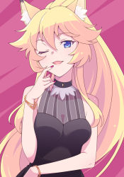 Rule 34 | 1girl, ;d, animal ear fluff, animal ears, black dress, blonde hair, blue eyes, bow, bracelet, dress, e20, finger to mouth, hair flaps, jewelry, long hair, looking at viewer, nail polish, one eye closed, open mouth, ponytail, rararin (show by rock!!), red bow, red nails, show by rock!!, sidelocks, sleeveless, sleeveless dress, smile, solo, upper body, very long hair
