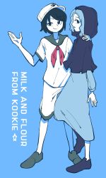Rule 34 | 2girls, @ @, black eyes, black hair, blue background, blue eyes, blue hair, blue hood, character name, closed mouth, colored skin, commentary, cookie (touhou), flour (cookie), full body, green footwear, hand on another&#039;s shoulder, hat, highres, hita (hizokuseikogeki), hood, kumoi ichirin, long sleeves, looking at viewer, looking to the side, milk (cookie), multiple girls, murasa minamitsu, neckerchief, open mouth, pants, red neckerchief, sailor collar, sailor hat, shirt, shoes, short hair, short sleeves, simple background, smile, touhou, white pants, white shirt, white skin