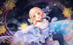 Rule 34 | 1girl, artist name, bad id, bad pixiv id, bare shoulders, blonde hair, blue dress, blue thighhighs, braid, breasts, copyright request, dress, elbow gloves, galaxy, gloves, hair ribbon, kimopoleis, looking at viewer, medium breasts, ribbon, see-through, solo, star (symbol), thighhighs, white gloves, yellow eyes
