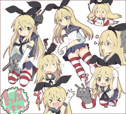 Rule 34 | &gt; &lt;, 10s, 1girl, :3, alternate costume, ass, blonde hair, closed eyes, dress, elbow gloves, gloves, green eyes, hair ribbon, innertube, kantai collection, long hair, machinery, microskirt, midriff, miyata (lhr), open mouth, panties, personification, rensouhou-chan, ribbon, sailor dress, school uniform, serafuku, shimakaze (kancolle), simple background, skirt, sleeves past wrists, striped clothes, striped thighhighs, swim ring, thighhighs, thong, torn clothes, turret, underwear, water, white background