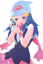 Rule 34 | 1girl, :d, absurdres, beanie, black shirt, blue hair, bracelet, commentary request, creatures (company), dawn (pokemon), game freak, grey eyes, hair ornament, hairclip, hands up, hat, highres, holding, holding poke ball, jewelry, long hair, nintendo, open mouth, pink scarf, pink skirt, poke ball, poke ball (basic), pokemon, pokemon dppt, scarf, shirt, sidelocks, skirt, sleeveless, sleeveless shirt, smile, solo, v, valentine (02140314c), white hat, xtransceiver