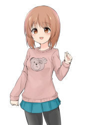 Rule 34 | 1girl, animal print, bear print, black pantyhose, blue skirt, brown eyes, brown hair, casual, commentary, cowboy shot, girls und panzer, long sleeves, looking at viewer, miniskirt, nasunael, nishizumi miho, one-hour drawing challenge, open mouth, pantyhose, pink sweater, pleated skirt, short hair, simple background, skirt, smile, solo, standing, sweater, white background