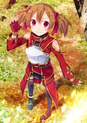 Rule 34 | 10s, 1girl, 2mota, armor, breastplate, brown hair, fingerless gloves, gloves, highres, red eyes, short twintails, silica, sword art online, thighhighs, twintails, waving