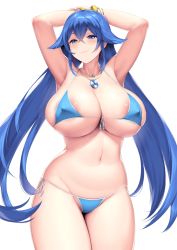 Rule 34 | 1girl, areola slip, armpits, arms behind head, bikini, blue bikini, blue eyes, blue hair, blush, bracelet, breasts, cleavage, commission, cowboy shot, earrings, front-tie bikini top, front-tie top, groin, hakai shin, highres, huge breasts, jewelry, long hair, looking at viewer, navel, necklace, original, side-tie bikini bottom, simple background, smile, solo, swimsuit, white background