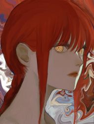 Rule 34 | 1girl, @ @, abstract, abstract background, chainsaw man, highres, inuo (inuo x), long hair, looking at viewer, makima (chainsaw man), parted lips, red hair, red lips, ringed eyes, solo, upper body, yellow eyes