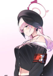 Rule 34 | 1girl, alternate breast size, armband, beret, black hat, black shirt, black wings, blue archive, blush, breasts, closed mouth, collarbone, commentary request, feathered wings, gradient background, halo, hat, head wings, highres, koharu (blue archive), large breasts, long hair, long sleeves, pink eyes, pink hair, red armband, red halo, safety pin, sailor collar, sailor shirt, shimotsuki eight, shirt, signature, solo, twintails, upper body, white sailor collar, wings