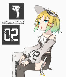 Rule 34 | 1girl, absurdres, alternate costume, asymmetrical legwear, barcode, barcode tattoo, belt, black thighhighs, blonde hair, blue eyes, character name, clothes writing, contemporary, gradient hair, highres, looking at viewer, mismatched legwear, moriya suwako, multicolored hair, number print, shiki karin, short hair, sidelocks, simple background, sitting, solo, tattoo, thighhighs, tongue, tongue out, touhou, visor cap, white background, white thighhighs