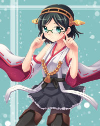 Rule 34 | 10s, 1girl, adjusting eyewear, bare shoulders, black hair, black pantyhose, blue eyes, blush, breasts, character name, detached sleeves, glasses, hairband, headgear, japanese clothes, kantai collection, kirishima (kancolle), nontraditional miko, pantyhose, personification, ryusei (green aqua road), short hair, skirt, smile, solo, thighhighs
