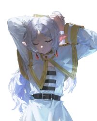 Rule 34 | 1girl, absurdres, arms up, belt, capelet, closed eyes, closed mouth, earrings, elf, facing viewer, frieren, grey hair, hands up, highres, holding, holding hair, jewelry, light smile, long hair, long sleeves, pointy ears, quasarcake, shirt, simple background, skirt, skirt set, solo, sousou no frieren, striped clothes, striped shirt, twintails, tying hair, upper body, white background, white capelet, white skirt