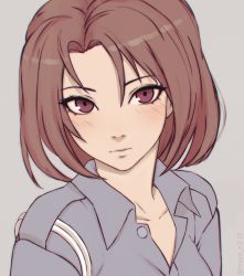 Rule 34 | 1girl, aiguillette, blush, brown hair, collarbone, collared shirt, commentary request, grey background, highres, looking at viewer, miura-n315, police, police uniform, policewoman, purple eyes, shirt, short hair, simple background, solo, taiho shichauzo, tsujimoto natsumi, twitter username, uniform, wing collar