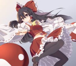 Rule 34 | 1girl, ascot, black hair, black pantyhose, bow, brown eyes, brown footwear, closed mouth, commentary, ddt (darktrident), detached sleeves, frilled bow, frilled skirt, frills, gohei, hair between eyes, hair bow, hair tubes, hakurei reimu, highres, long hair, midriff, nontraditional miko, orb, pantyhose, red bow, red skirt, ribbon-trimmed sleeves, ribbon trim, sarashi, shoes, sidelocks, simple background, skirt, solo, touhou, wide sleeves, yellow ascot, yin yang, yin yang orb