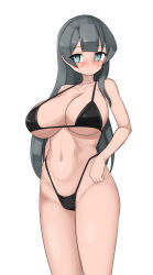 1girl absurdres agano_(kancolle) alternate_costume bikini black_bikini black_hair blue_eyes blush breasts cleavage closed_mouth collarbone commentary_request cowboy_shot highleg highleg_bikini highres kantai_collection large_breasts long_hair looking_at_viewer maru_(marg0613) navel sidelocks simple_background solo stomach swimsuit white_background