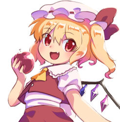 Rule 34 | 1girl, :d, apple, ascot, blonde hair, blush, collared shirt, commentary request, cowboy shot, crystal, fang, flandre scarlet, flat chest, food, frilled shirt collar, frills, fruit, h haniwa, hat, hat ribbon, holding, holding food, holding fruit, looking at viewer, medium hair, mob cap, one side up, open mouth, red apple, red eyes, red ribbon, red skirt, red vest, ribbon, shirt, simple background, skirt, skirt set, smile, solo, touhou, vest, white background, white hat, white shirt, wings, yellow ascot