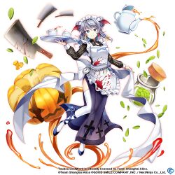 Rule 34 | 1girl, alternate costume, apron, bat wings, blue eyes, braid, closed mouth, commentary, copyright name, copyright notice, cup, earrings, english commentary, flask, full body, game cg, grey hair, halloween, halloween costume, head wings, holding, holding tray, izayoi sakuya, izayoi sakuya (would you like pumpkin tea?), jack-o&#039;-lantern, jewelry, long sleeves, looking at viewer, machete, maid, maid headdress, medium hair, pocket watch, rotte (1109), side braids, simple background, smile, solo, stained clothes, tea, teacup, teapot, thighhighs, third-party source, touhou, touhou lostword, tray, twin braids, watch, white apron, white background, white thighhighs, wings