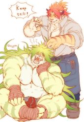 Rule 34 | 2boys, alternate costume, animal ears, bara, bare pectorals, blonde hair, blue pants, briefs, bulge, chillasan, couple, crossed legs, cutting hair, elbow rest, english text, furry, furry male, furry with furry, highres, jewelry, large pectorals, limited palette, lion boy, long hair, macan (housamo), male focus, male underwear, multiple boys, muscular, navel, necklace, nipples, nomad (housamo), open clothes, open shirt, pants, pectoral press, pectorals, red eyes, red hair, red male underwear, scissors, sharp teeth, short hair, sleeves rolled up, speech bubble, tattoo, teeth, tiger boy, tiger ears, tiger stripes, tokyo houkago summoners, tribal tattoo, underwear, yawning