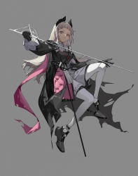 Rule 34 | 1girl, absurdres, ammunition belt, ankle boots, anklet, arknights, black footwear, black gloves, black jacket, boots, capelet, closed mouth, cyan yu, full body, gloves, grey background, grey hair, gun, head wings, highres, holding, holding sword, holding weapon, irene (arknights), jacket, jewelry, layered skirt, long hair, long sleeves, pantyhose, print skirt, purple skirt, rapier, scar, scar across eye, scar on face, serious, simple background, skirt, solo, sword, weapon, white capelet, white pantyhose, white skirt, wings