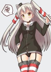 Rule 34 | &gt;:(, 10s, 1girl, absurdres, amatsukaze (kancolle), black panties, blush, closed mouth, cowboy shot, dress, frown, garter straps, grey background, grey hair, hair tubes, hand on own hip, head tilt, highres, john zhang, john zheng, kantai collection, long hair, long sleeves, panties, sailor dress, simple background, solo, spoken squiggle, squiggle, striped clothes, striped thighhighs, thigh gap, thighhighs, two side up, underwear, v-shaped eyebrows, very long hair, yellow eyes