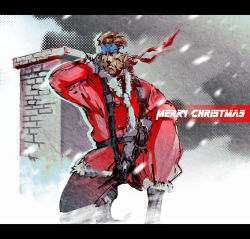 Rule 34 | 1boy, adapted costume, arm up, boots, brown hair, chimney, christmas, coat, english text, gloves, hand on own face, headband, ikuyoan, kneeling, letterboxed, male focus, merry christmas, metal gear (series), metal gear solid, official style, on one knee, pants, santa costume, snowing, solid snake, solo